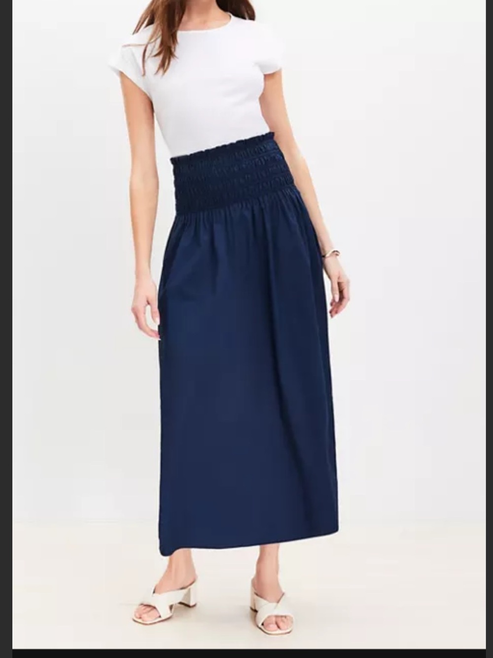LOFT Navy Smocked-Waist Maxi Skirt